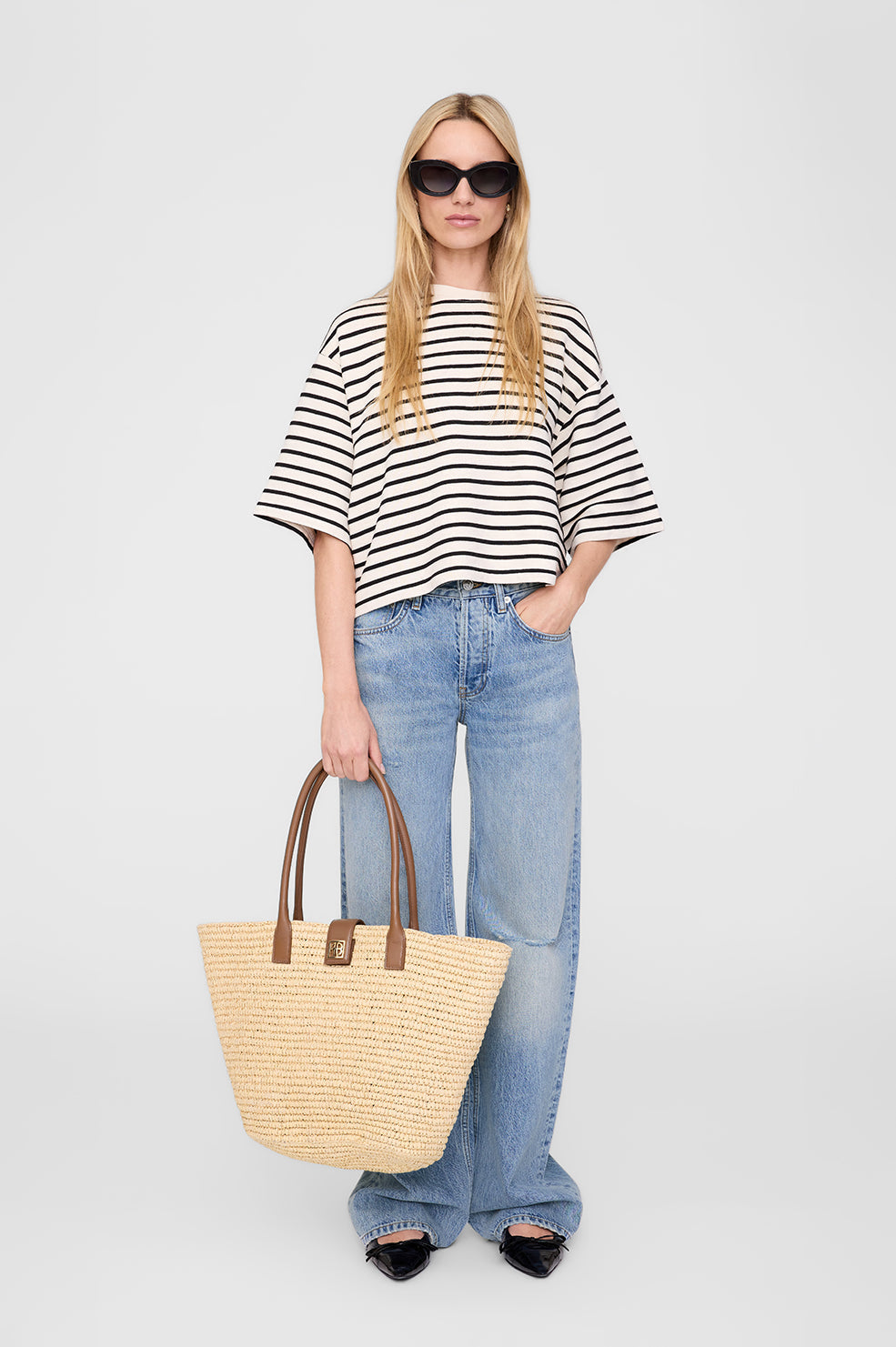 Anine Bing | Myers Cropped Tee - Black Stipe French Terry