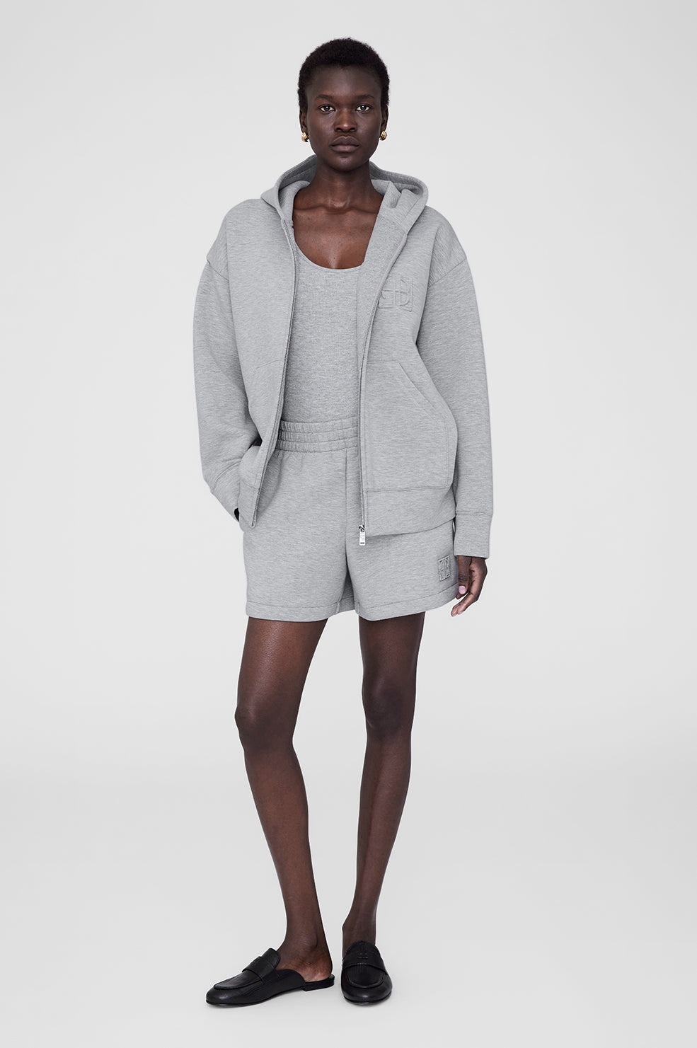 Anine Bing | Bond Zip Up Hoodie Framed Monogram - Heather Grey