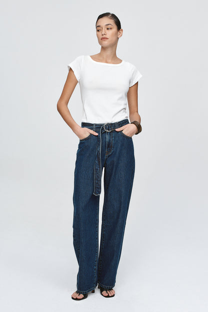 Marle | Belted Wide Leg Jean - Classic Blue