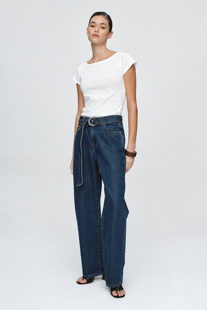 Marle | Belted Wide Leg Jean - Classic Blue
