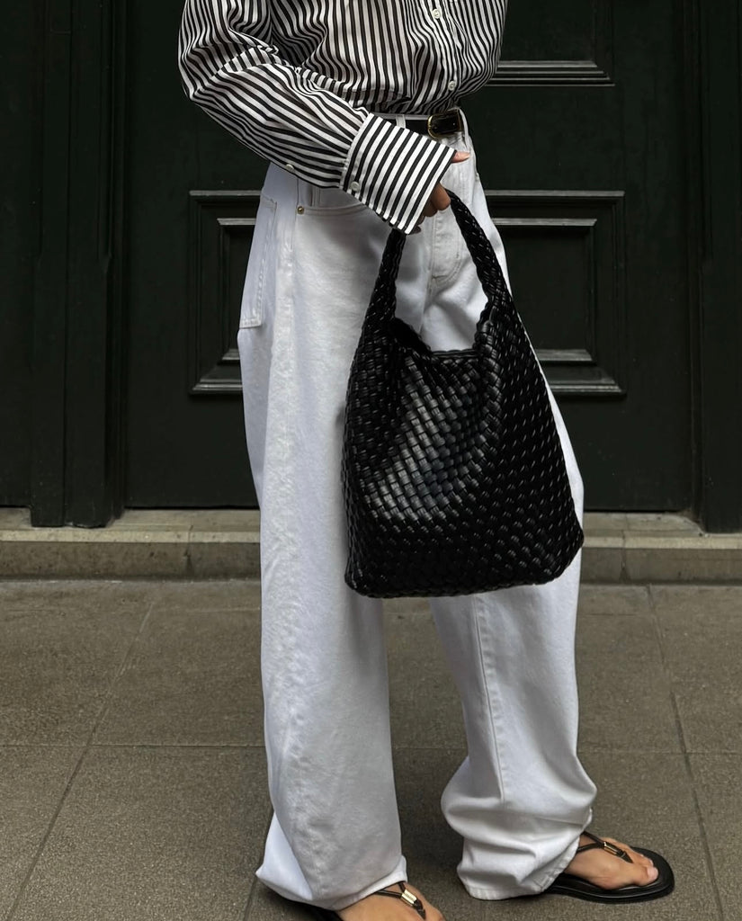 Rylan | Alt-Leather Small Woven Tote - Black