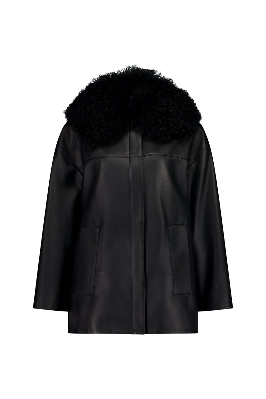 Rebe | Shearling Collar Leather Jacket - Black
