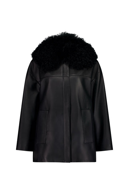 Rebe | Shearling Collar Leather Jacket - Black