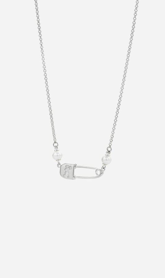 Karen Walker | Runaway Saftey Pin Necklace with Freshwater Pearls - Silver