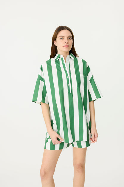 LMND | Chiara Half Placket Short Sleeve Shirt - Forest/White