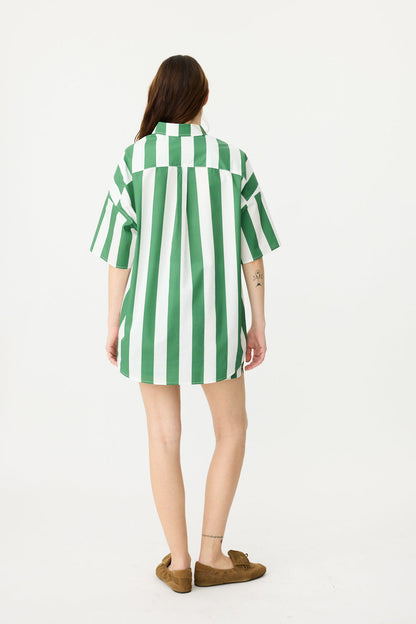 LMND | Chiara Half Placket Short Sleeve Shirt - Forest/White