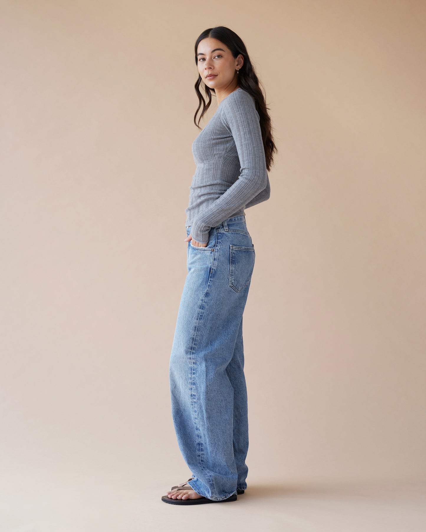 Dear Dylan | Merino Pointelle Longsleeve Knit - Grey Marle
