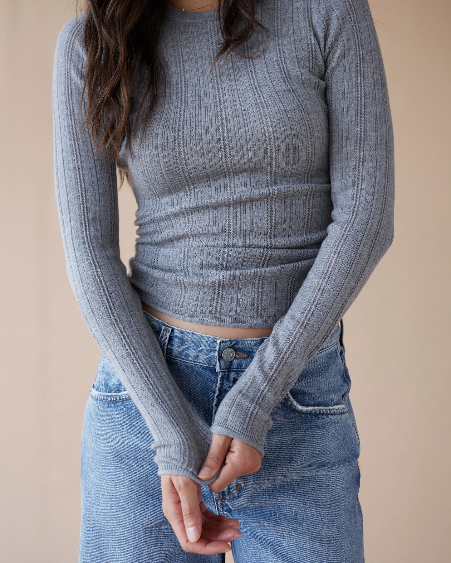 Dear Dylan | Merino Pointelle Longsleeve Knit - Grey Marle