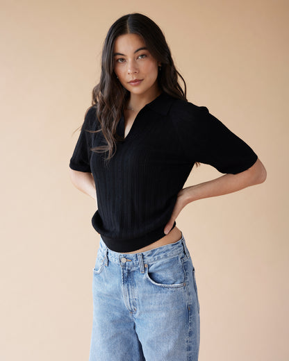 Dear Dylan | Merino Pointelle Palmer Polo - Noir