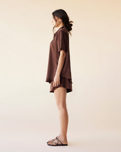 Dear Dylan | Silk Short Sleeve Shirt - Rum
