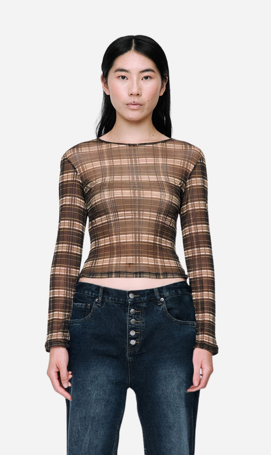 Wynn Hamlyn | Silk Mesh Long Sleeve Top - Brown Check