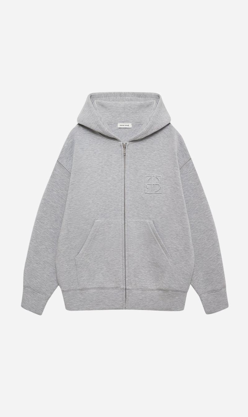 Anine Bing | Bond Zip Up Hoodie Framed Monogram - Heather Grey