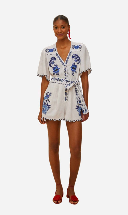 Farm Rio | Delicate Forest Blue Richelieu Embroidered Romper - Off White
