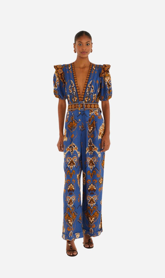 Farm Rio | Ornament Floral Blue Jumpsuit - Blue