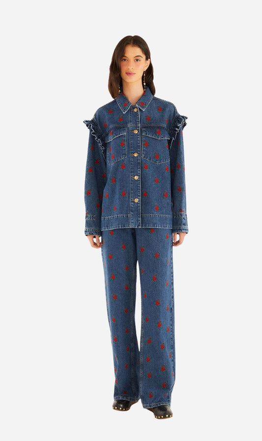 Farm Rio | Flower Embroidered Denim Shirt - Denim