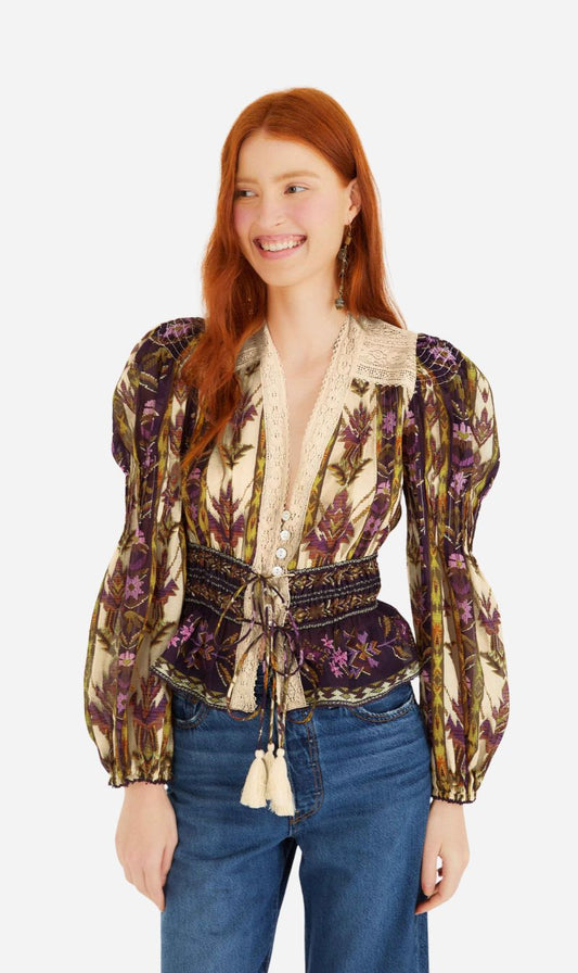 Farm Rio | Long Sleeve Top - Embroidered Tapestry Sand