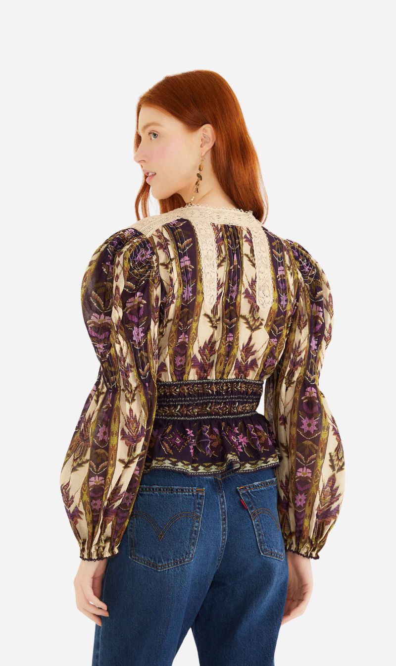 Farm Rio | Long Sleeve Top - Embroidered Tapestry Sand
