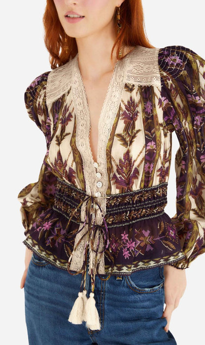 Farm Rio | Long Sleeve Top - Embroidered Tapestry Sand