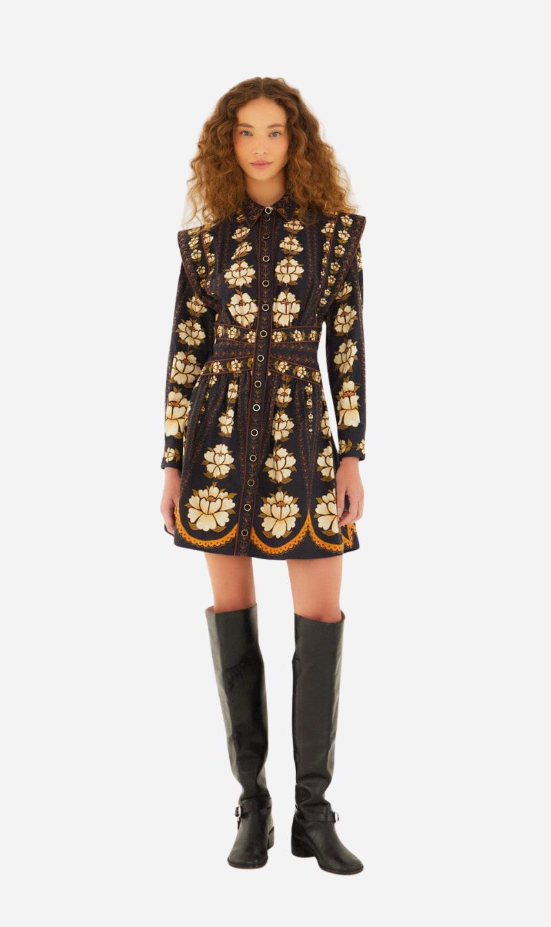 Farm Rio | Mini Dress Embroidered Flowers - Black