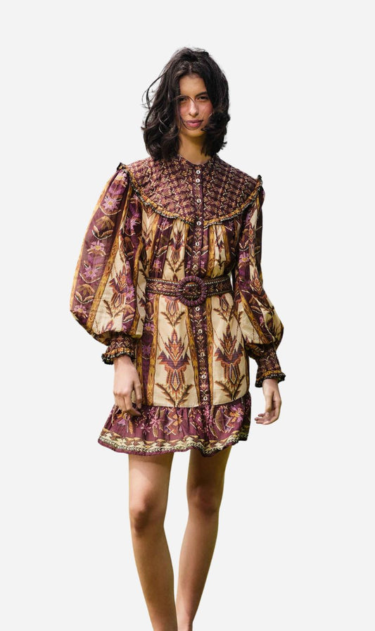Farm Rio | Long Sleeve Mini Dress - Embroidered Tapestry Sand