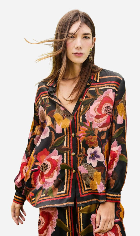 Farm Rio | Shirt - Chenille Flowers Black