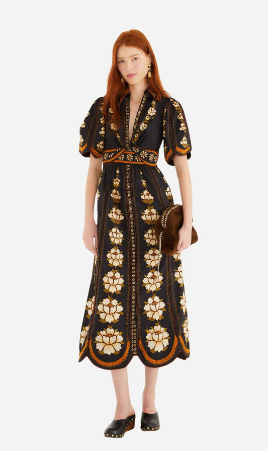 Farm Rio | Midi Dress Embroidered Flowers - Black