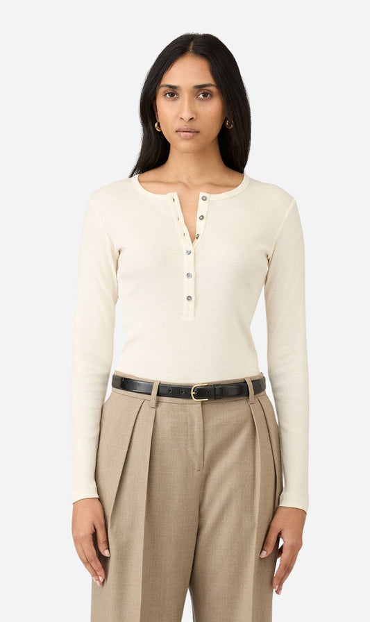Sunspel | Rib Long Sleeve Henley - Ecru
