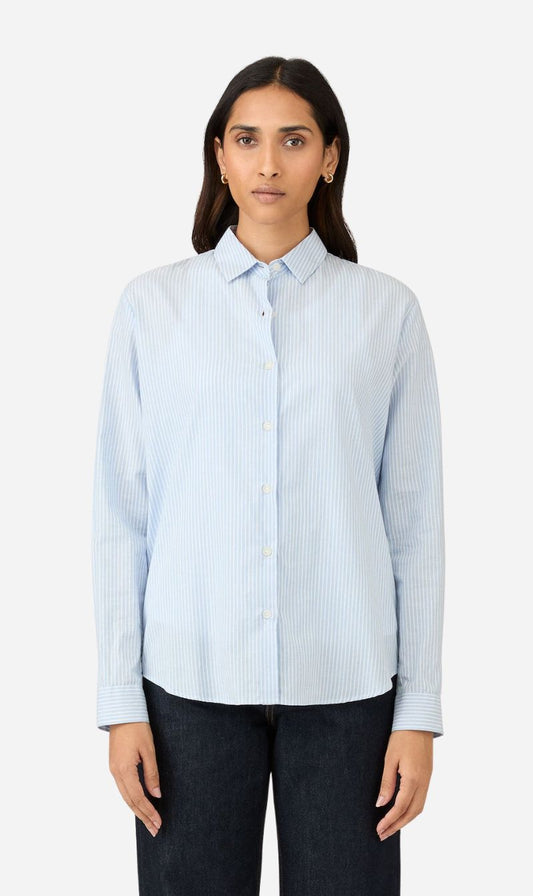 Sunspel | Classic Long Sleeve Shirt - Light Blue/White Stripe