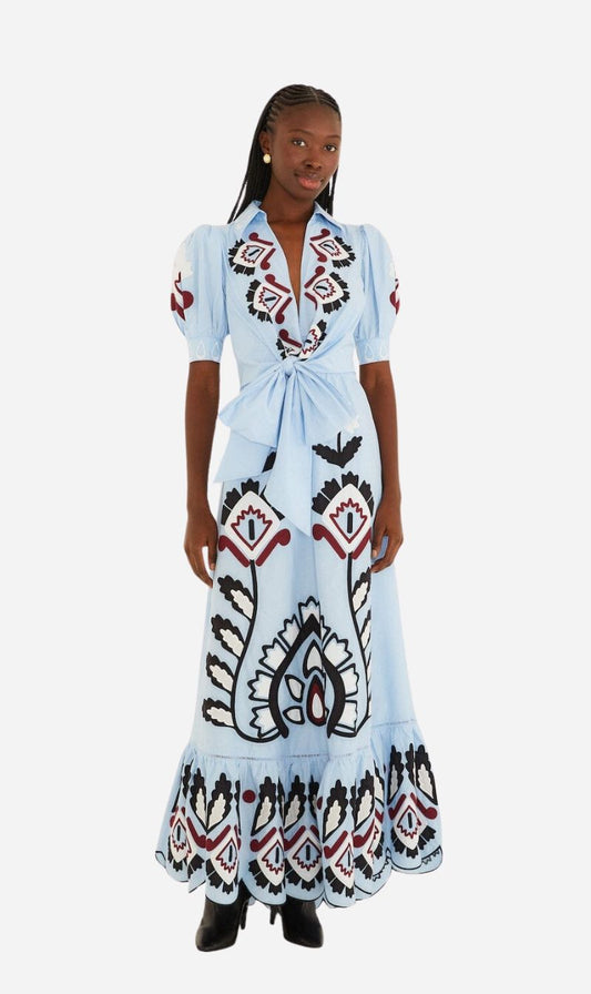 Farm Rio | Short Sleeve Maxi Dress - Blue Artisanal