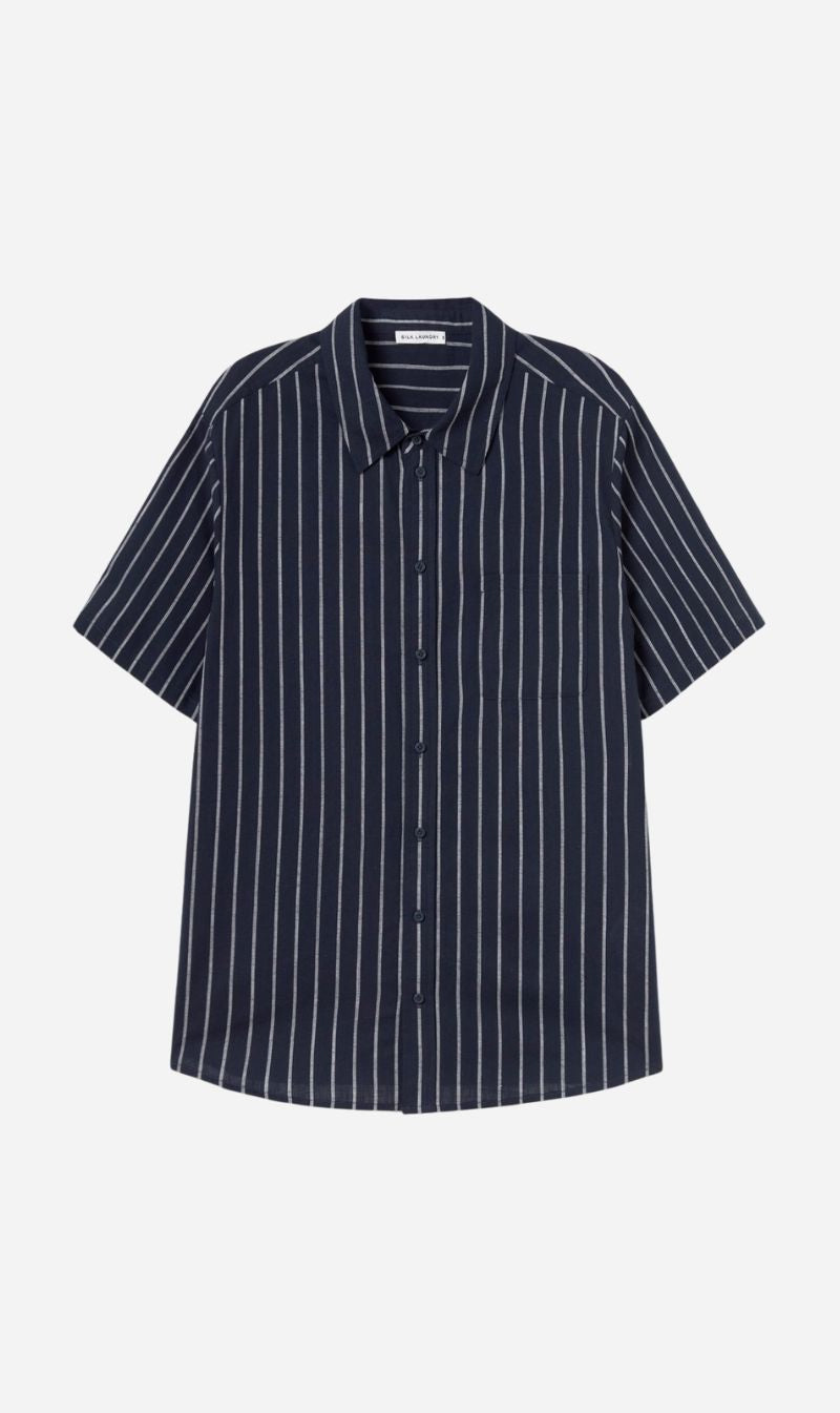 Silk Laundry | Cotton Short Sleeve Boyfriend Shirt - Egret Stripe