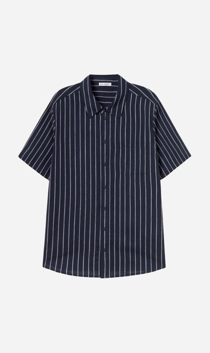 Silk Laundry | Cotton Short Sleeve Boyfriend Shirt - Egret Stripe