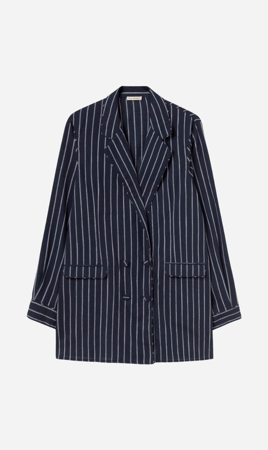 Silk Laundry | Cotton Relaxed Blazer - Egret Stripe