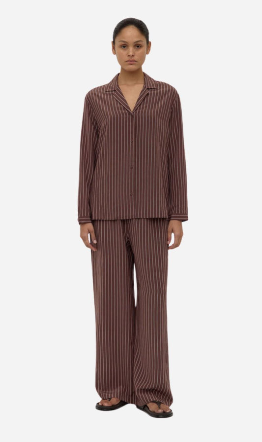 Assembly Label | Zayla Silk Stripe Long Sleeve Shirt - Cream/Espresso