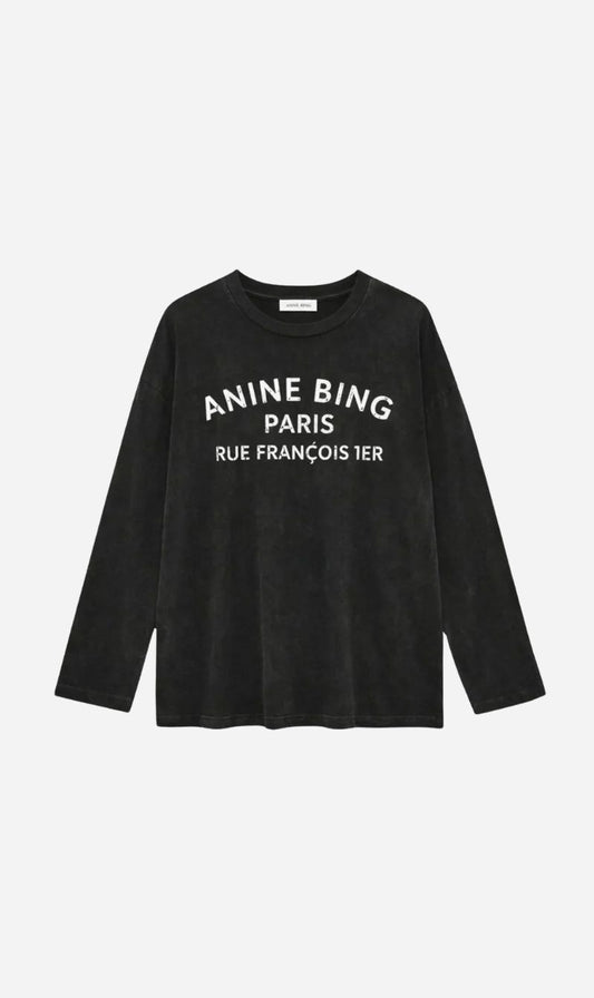 Anine Bing | Ivan Long Sleeve Paris Stencil - Washed Black