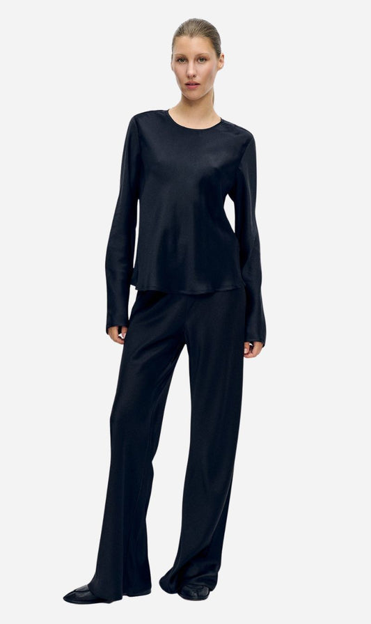 Silk Laundry | Long Sleeve Bias Top - Black Satin
