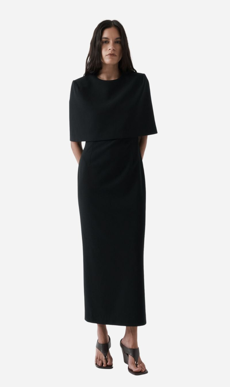 Rebe | Column Cape Dress - Black