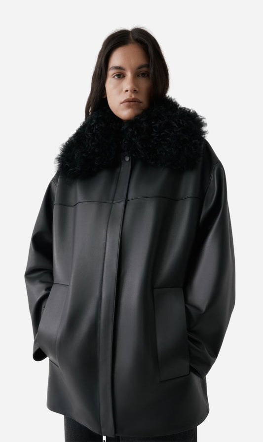 Rebe | Shearling Collar Leather Jacket - Black