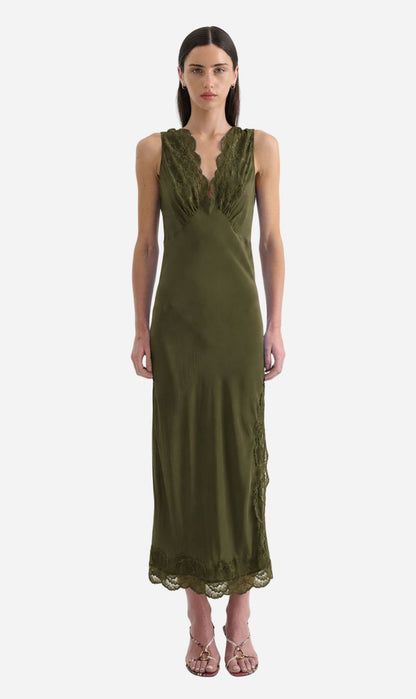Rowie The Label | Annie Silk Midi Dress - Olive