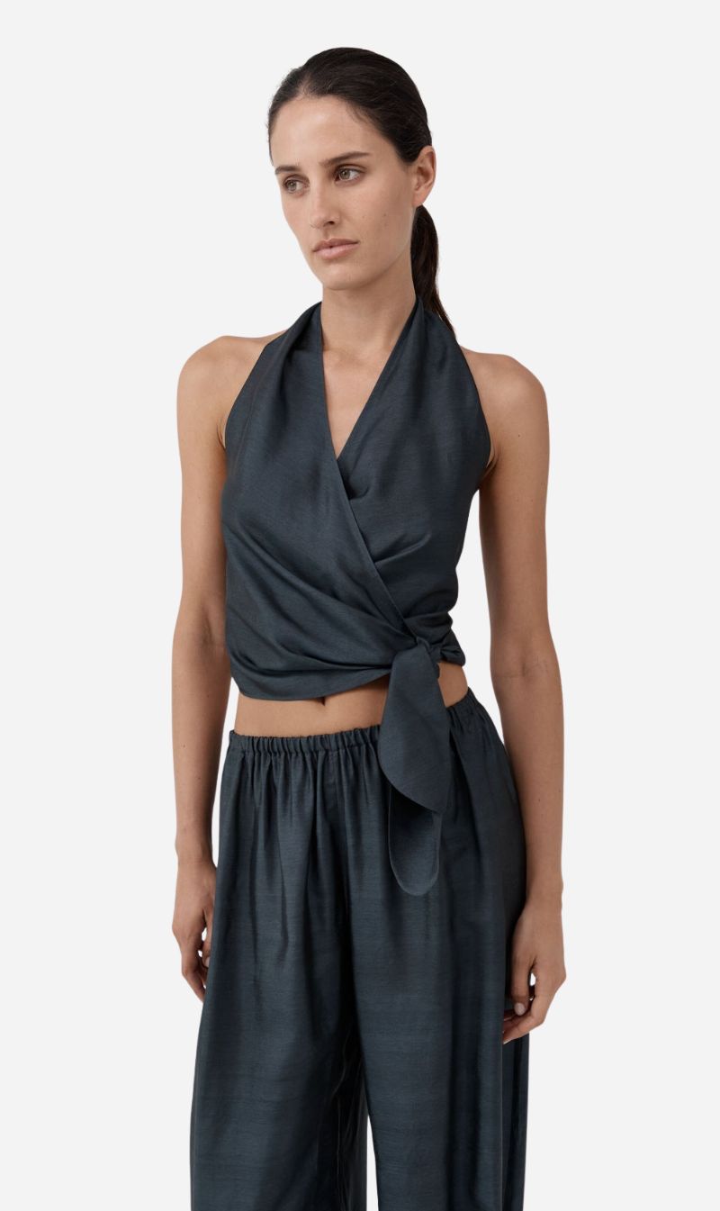 St Agni | Silk Halter Wrap Top - Washed Black