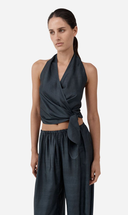 St Agni | Silk Halter Wrap Top - Washed Black