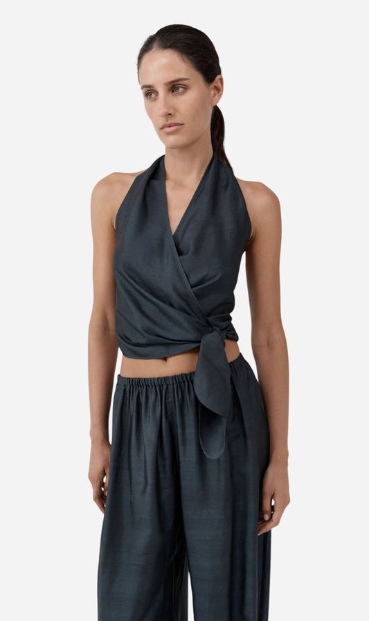 St Agni | Silk Halter Wrap Top - Washed Black