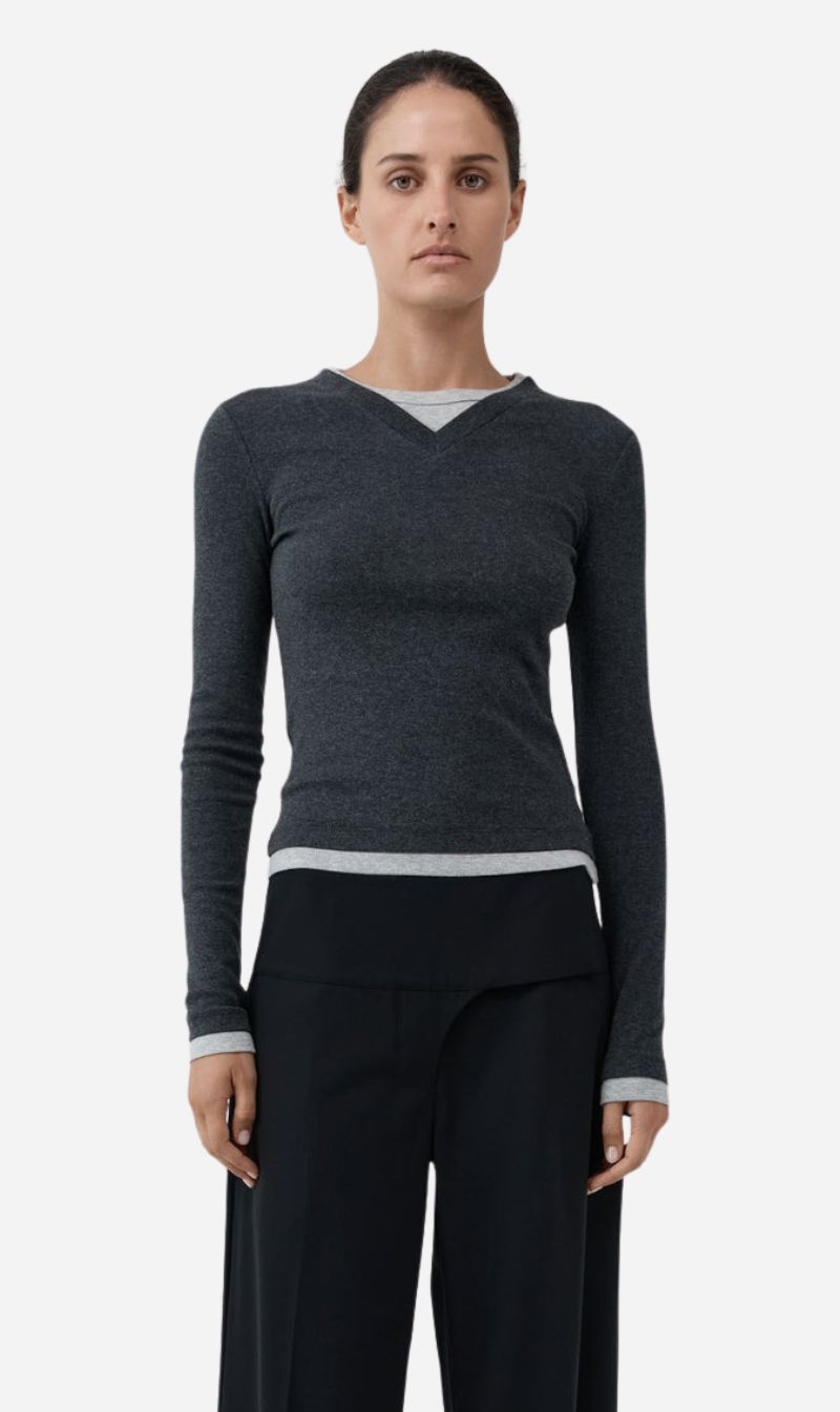 St Agni | Organic Cotton V Neck Long Sleeve Top - Charcoal Melange