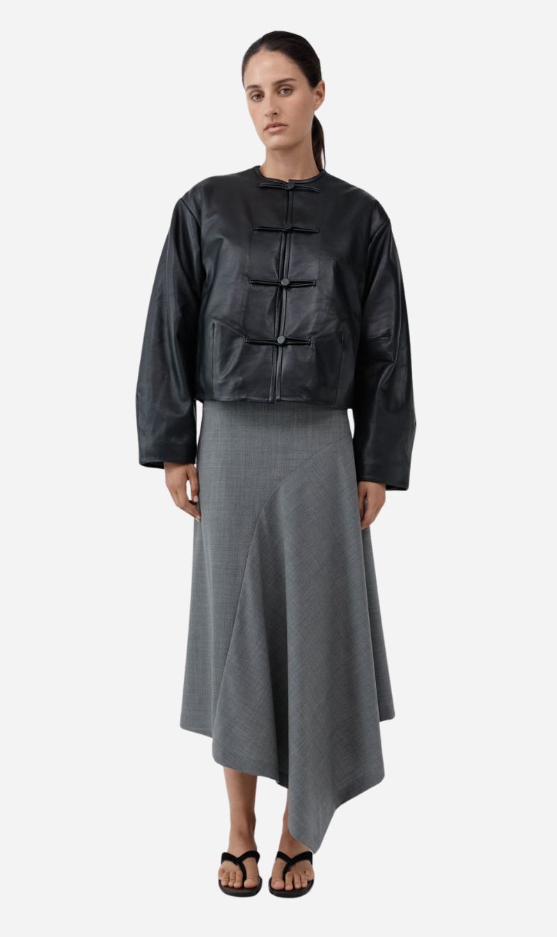 St Agni | Button Detail Cocoon Leather Jacket - Black
