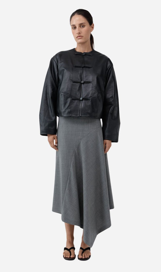 St Agni | Button Detail Cocoon Leather Jacket - Black