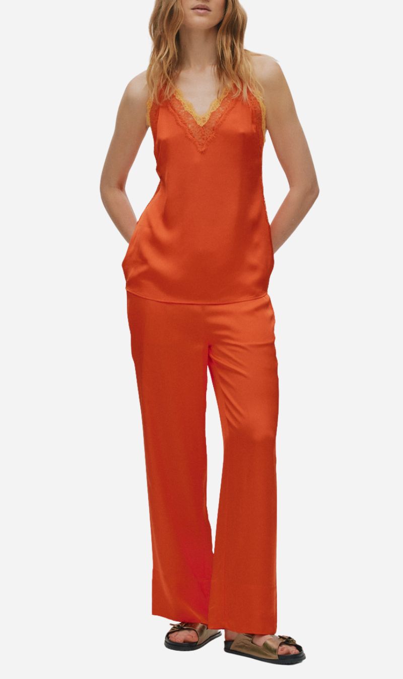 Rabens Saloner | Contrast Lace Wide Leg Pants - Deep Mandarin
