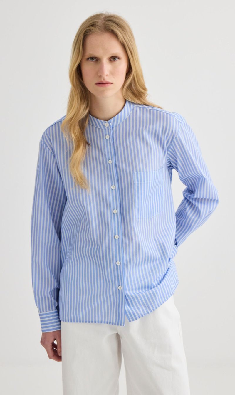 Laing | Striped Collarless Shirt - Oxford Blue