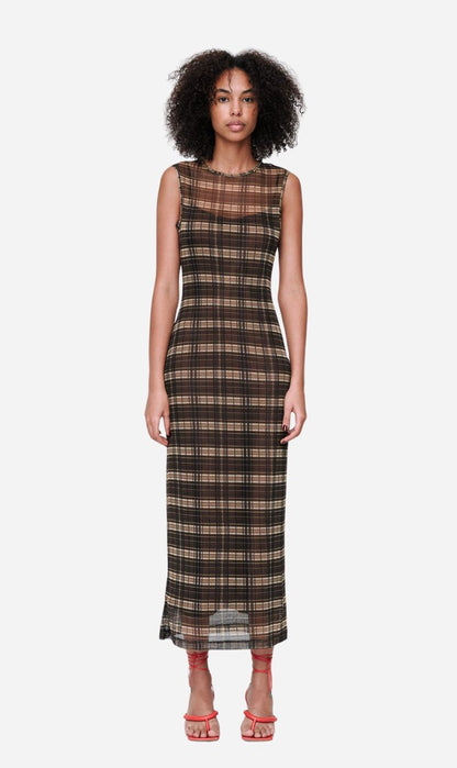 Wynn Hamlyn | Silk Mesh Maxi Dress - Brown Check