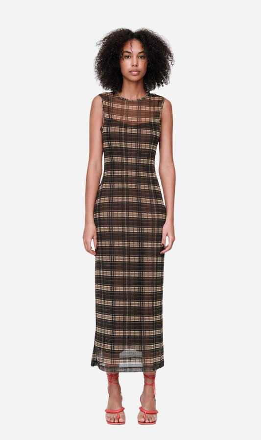 Wynn Hamlyn | Silk Mesh Maxi Dress - Brown Check
