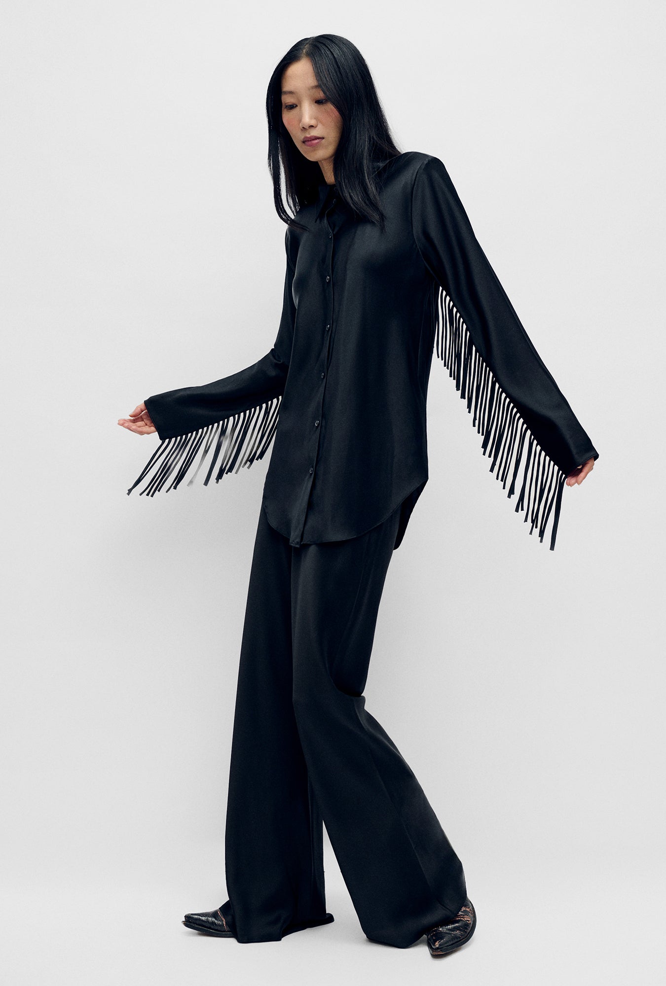 Silk Laundry | Fringe Bias Cut Shirt - Black