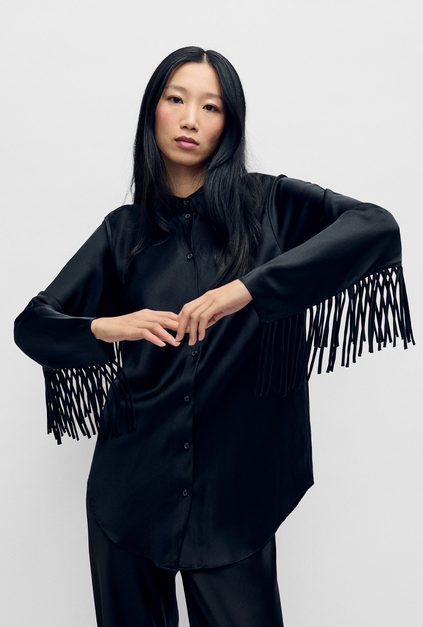 Silk Laundry | Fringe Bias Cut Shirt - Black